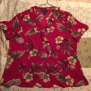 Red floral print button up top